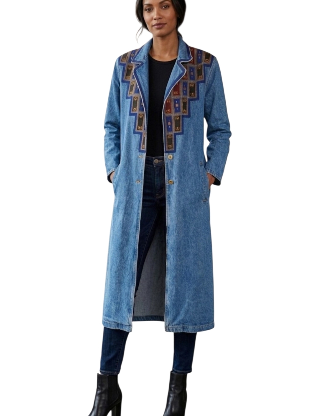 VTG Denim Duster Painted Abstract Signed Oversized Long Jacket Trench Coat OOAK